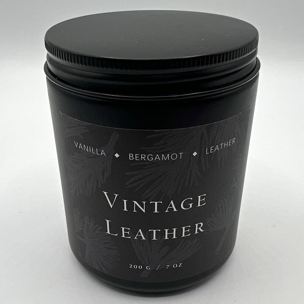 Vintage Leather Scented Jar Candle Black Round Tin Single Wick 7oz 4in x 3in lid